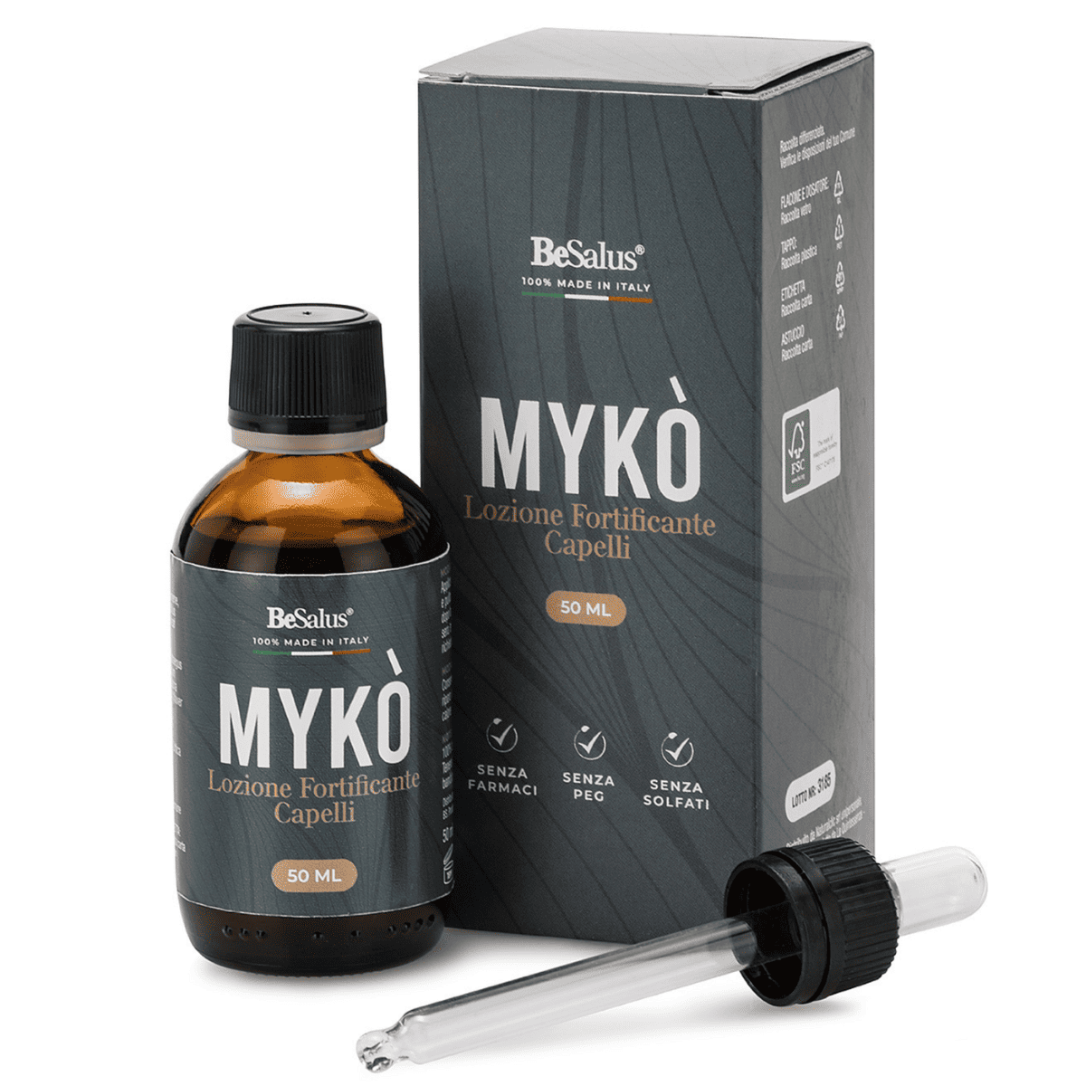 Lozione anticaduta naturale MYKÒ 50 ml, trattamento rinforzante capelli fini e fragili per uomo e donna.